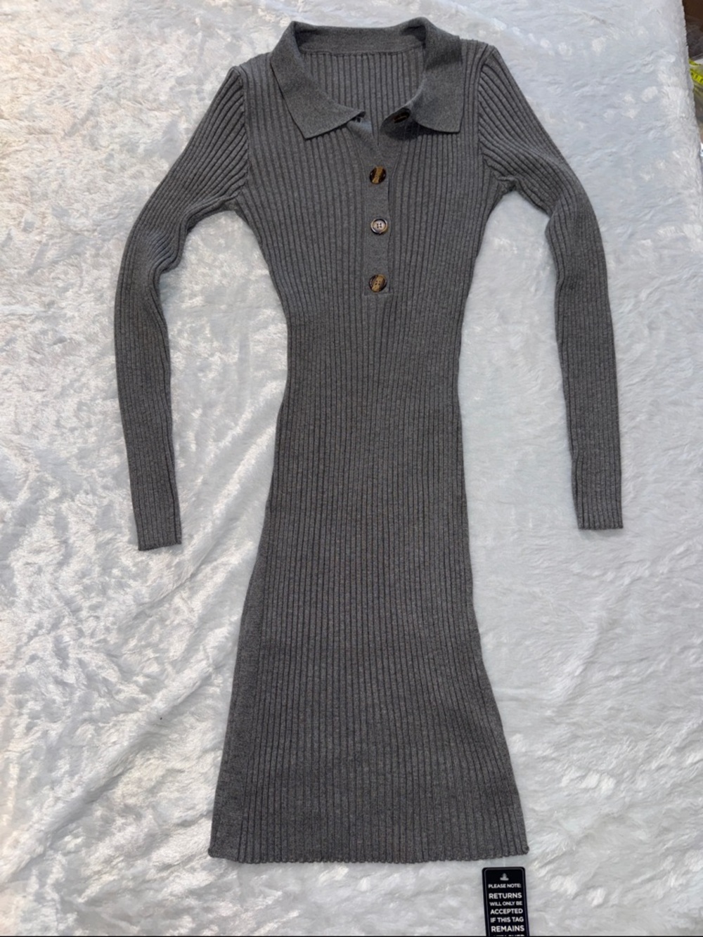 Charcoal Ribbed Long-Sleeve Polo Sweater Dress